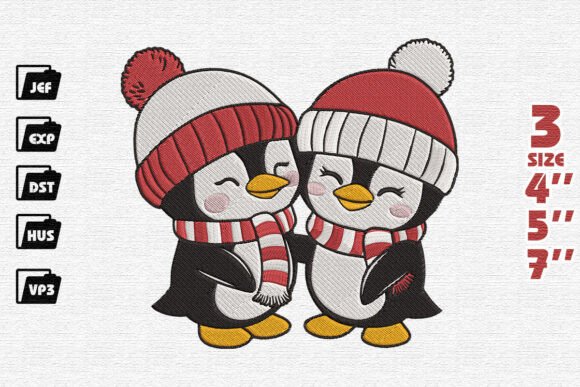Adorable Christmas Penguin Couple Cuddling Embroidery Design