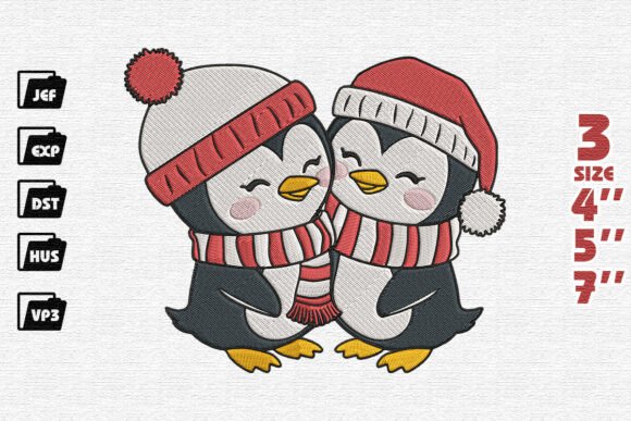 Adorable Cuddling Penguin Couple Christmas Embroidery Design