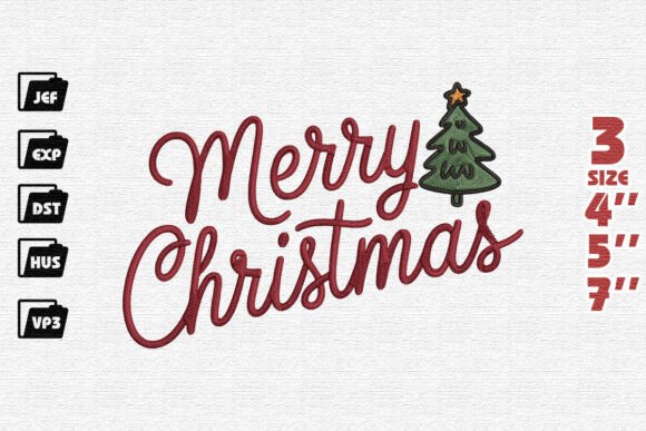 Classic Merry Christmas Script with Tree Embroidery Design